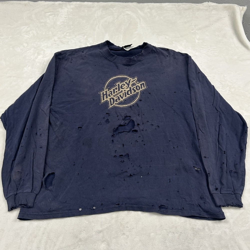 90s Harley Davidson Long Sleeve Shirt Mens XL Blue Distressed Thrashed Logo USA